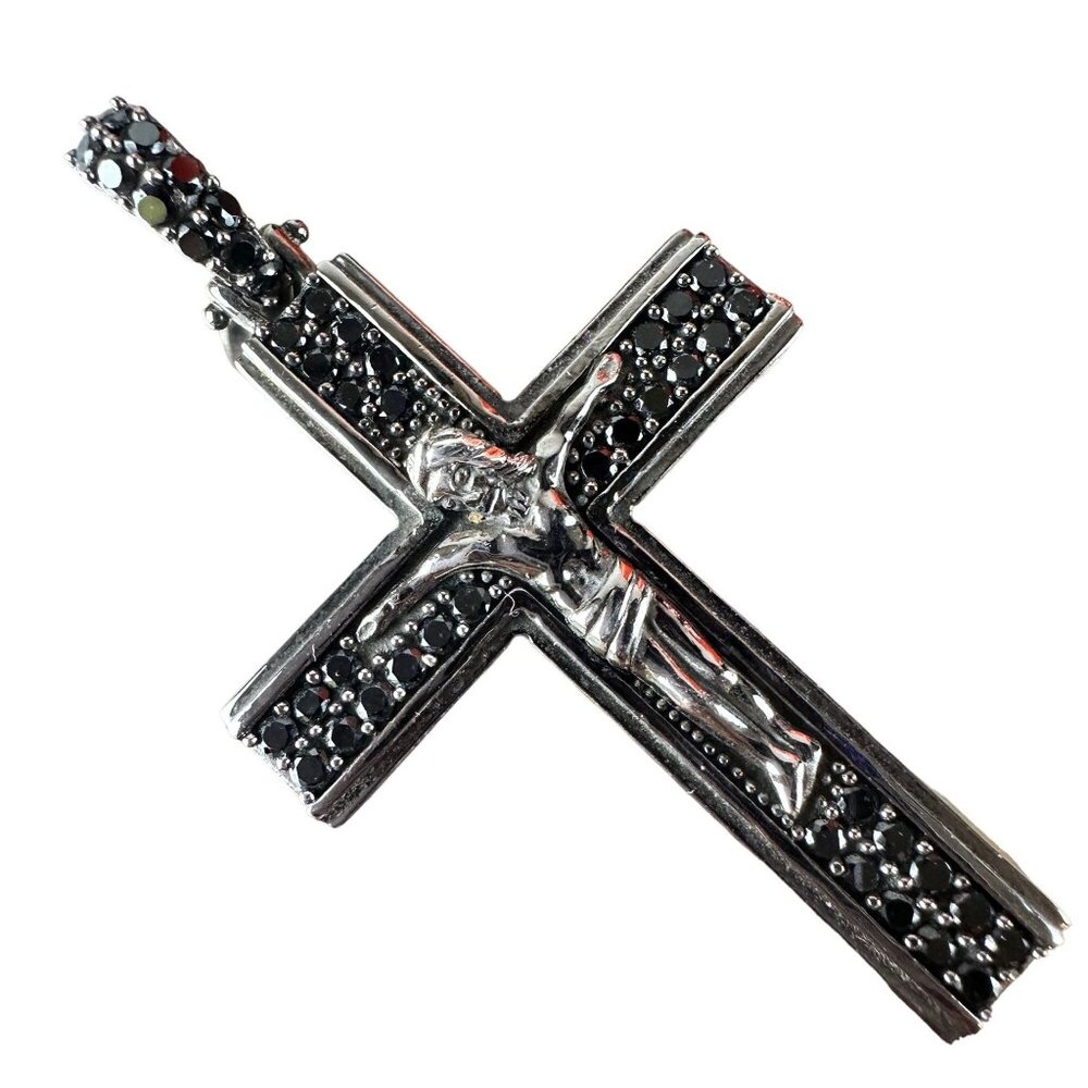 Sterling Silver 925 Crucifix Cross Pendant With Black Glass Stones